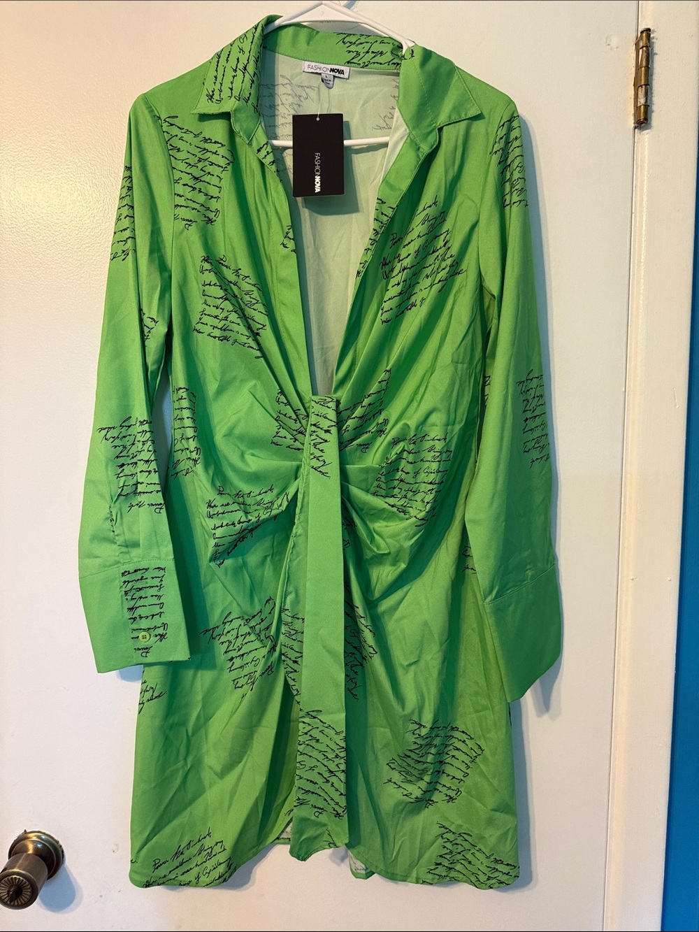Fashion Nova Bright Green Script-Print Tie-Front Shirt Dress